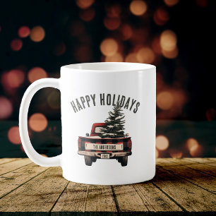 Mug Retro Red Plaid Camion de Noël personnalisé Nom de