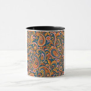 Mug Rétro Terracotta et Bleu Nuit Paisley Sans Couture