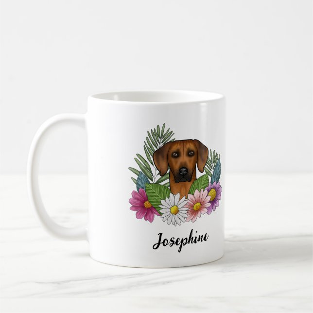 Mug Rhodesian Ridgeback Chien Tête Fleurs Et Nom (Gauche)