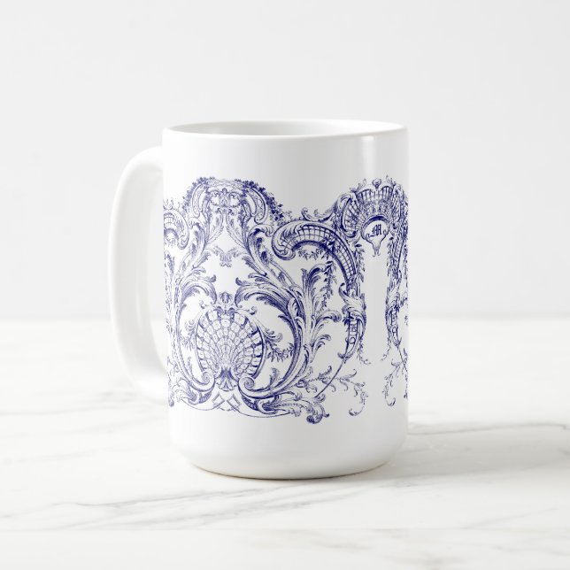 Mug Rococo Cartouche Frieze Baroque Bleu & Blanc (Devant gauche)