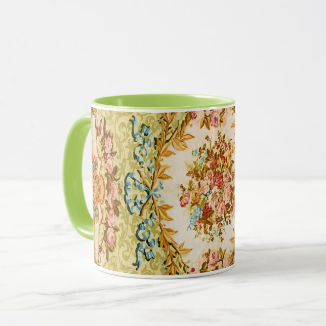Mug Rococo tapisserie à fleurs victoriennes vert rose  (Devant gauche)