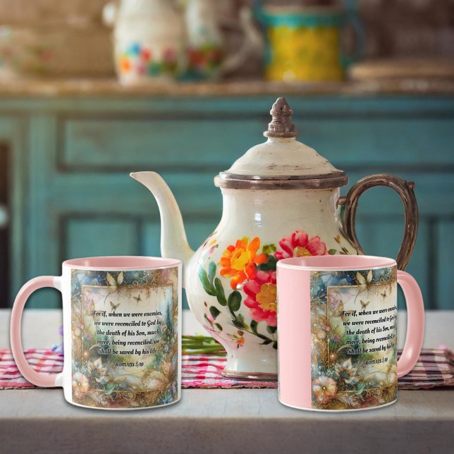 Mug Romains 5:10 Écriture Élégante rose or floral (Créateur téléchargé)