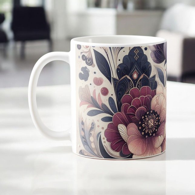 Mug Romance foncée Bourgogne Art Déco Floral Été (Créateur téléchargé)