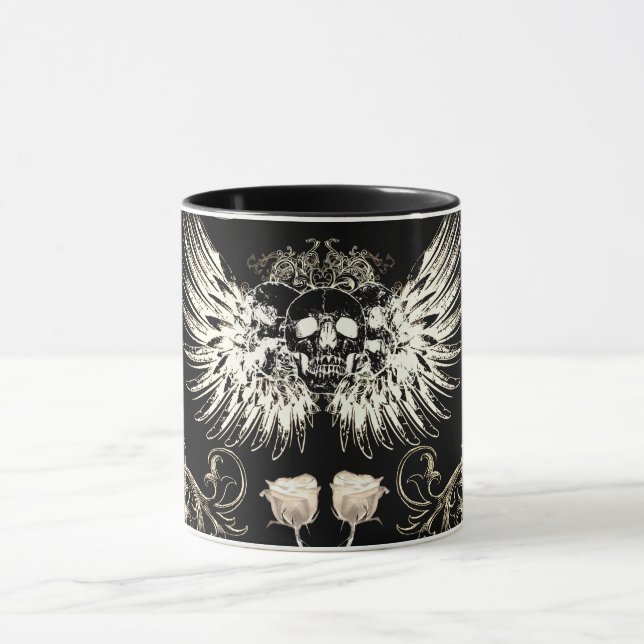 Mug Romance gothique victorienne Ailes du crâne et ros (Centre)