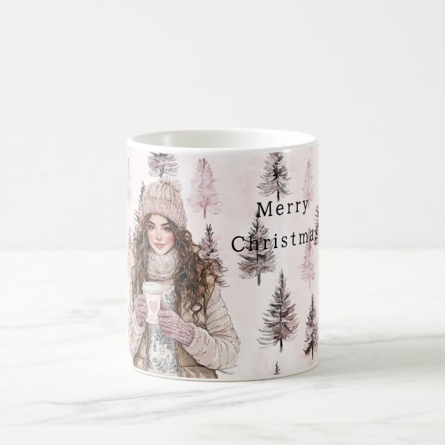 Mug Romantic Pink Christmas Trees Girl (Centre)