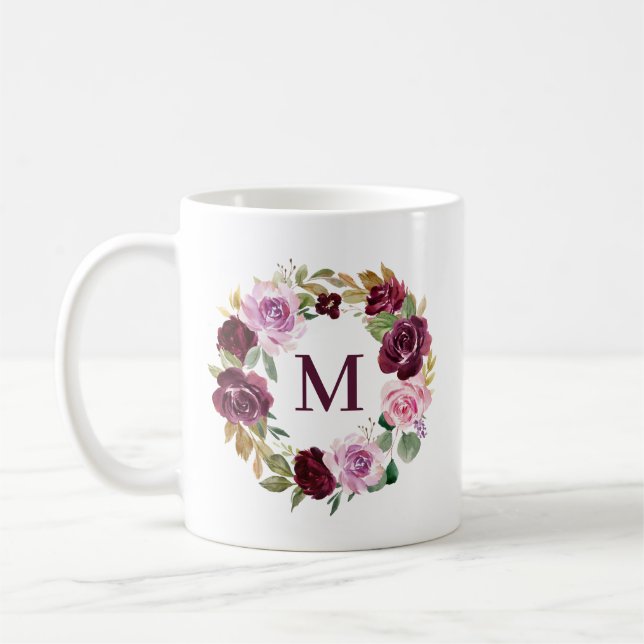 Mug Romantique Violet Automne Floral Wreath Monogramme (Gauche)