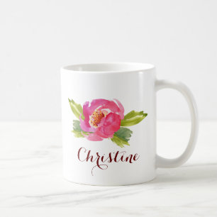 Mug Rose aquarelle avec nom personnalisé