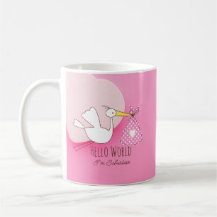 Mug rose bonjour monde bébé garçon chouette cigogn