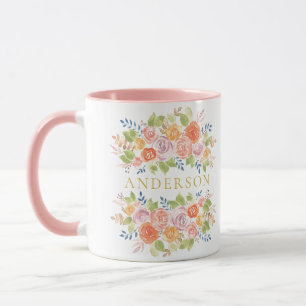 Mug Rose Bouquet or Aquarelle avec nom