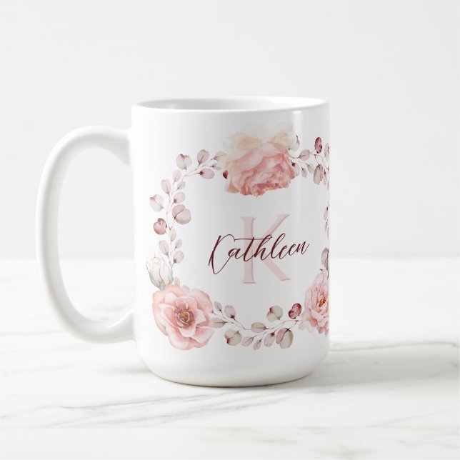 Mug Rose d'aquarelle Wreath personnalisée | BLANCHE (Gauche)