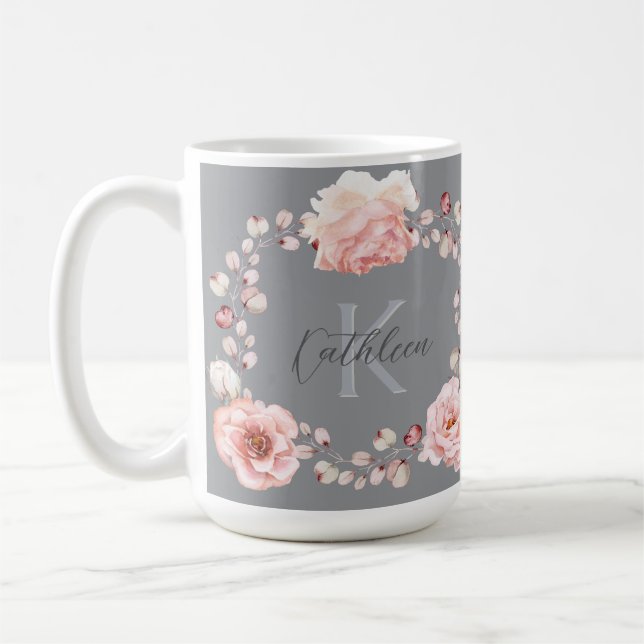 Mug Rose d'aquarelle Wreath personnalisée | Gray (Gauche)