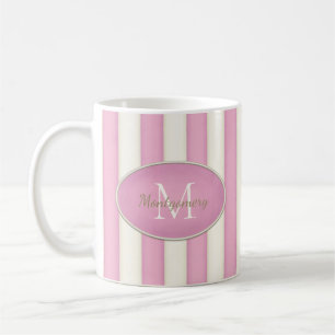 Mug Rose et blanc d'antiquité rayures Ovale Monogramme