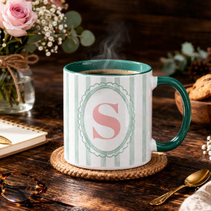 Mug Rose et Menthe Monogramme personnalisé rayé aquare
