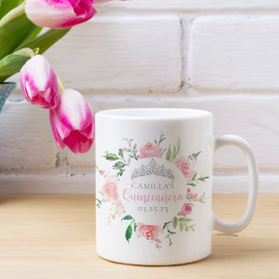 Mug Rose Floral Quinceañera Silver Tiara Personnalisé