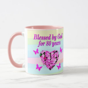 MUG ROSE FLORALE 80E ANNIVERSAIRE BÉNÉDICTION DE DIEU 