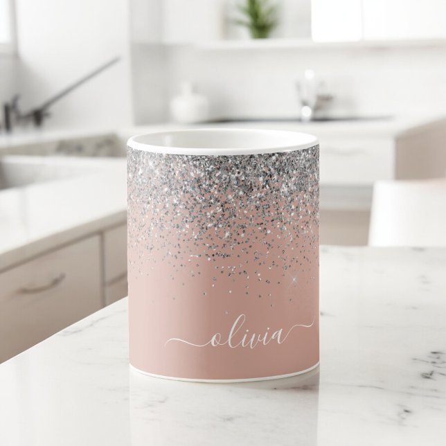 Mug Rose Gold Blush Rose Argent Pailleté Monogramme Fé (Créateur téléchargé)