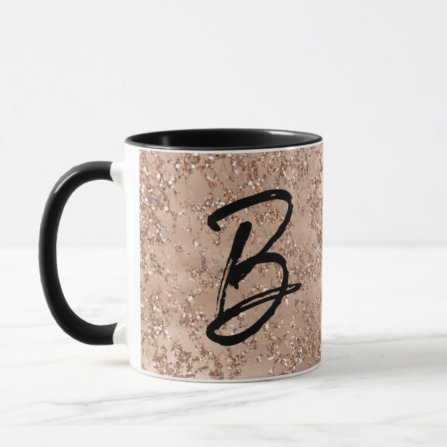 Mug Rose Gold Blush Rose Sparkle Crackle Monogramme (Gauche)