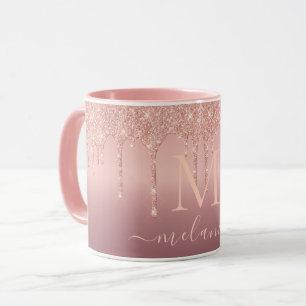 Mug Rose Gold Glitter Lettre personnalisée Nom Café Mu