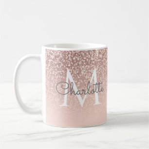 Mug Rose Gold Glitter Monogramme Rose Pâle Écriture Fé