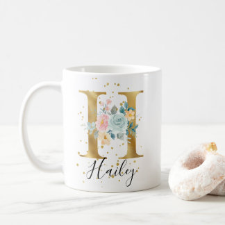 Mug Rose or Pastel Floral Aquarelle Monogramme H