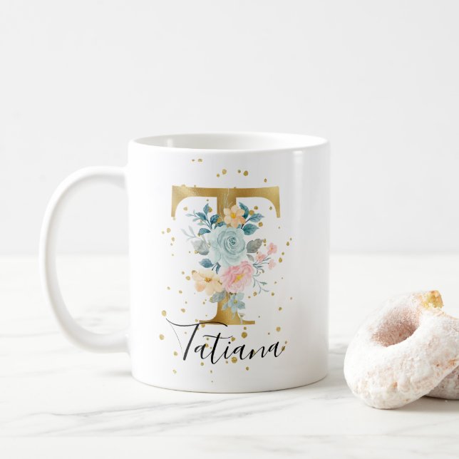 Mug Rose or Pastel Floral Aquarelle Monogramme T (Avec donut)