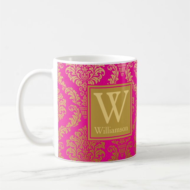 Mug Rose Pâle Élégant et Or Damassé Personnalisé (Gauche)