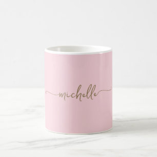 Mug Rose Pâle Élégant Monogramme Signature Or Script