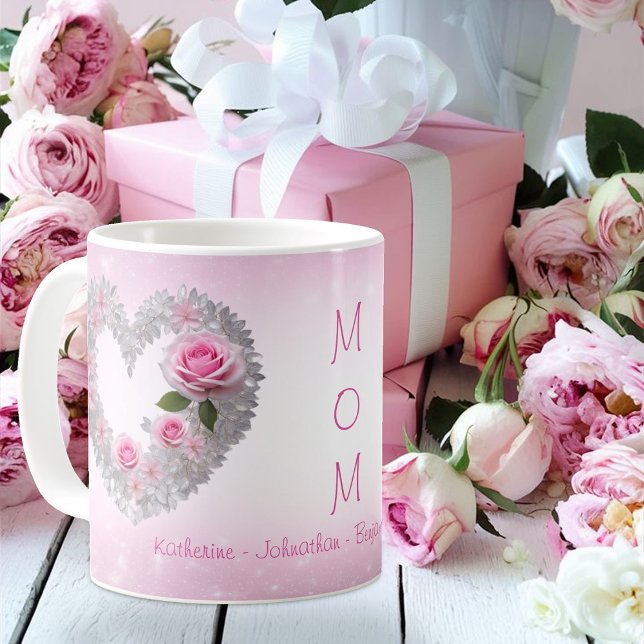 Mug Rose rose avec le coeur de la feuille d'argent (Créateur téléchargé)