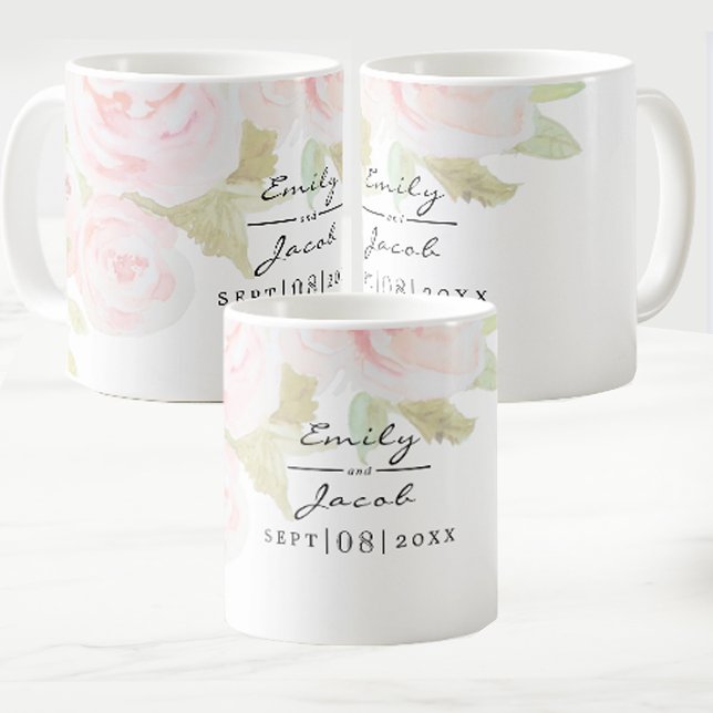 Mug Rose rose pâle Rose florale Aquarelle Mariage Coup (Blush Pink Rose Floral Watercolor Wedding Couple Coffee Mug)