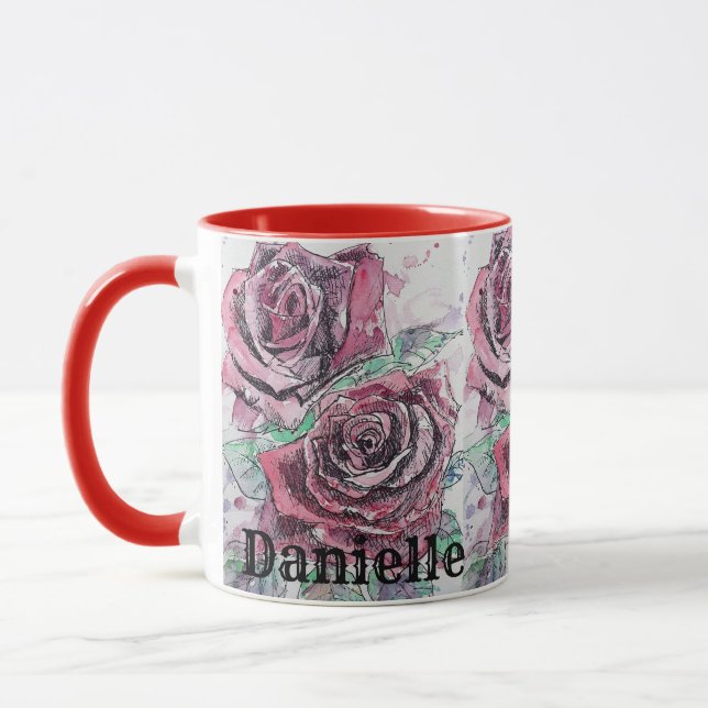 Mug Rose Rouge Aquarelle florale Art Peinture Femmes (Gauche)
