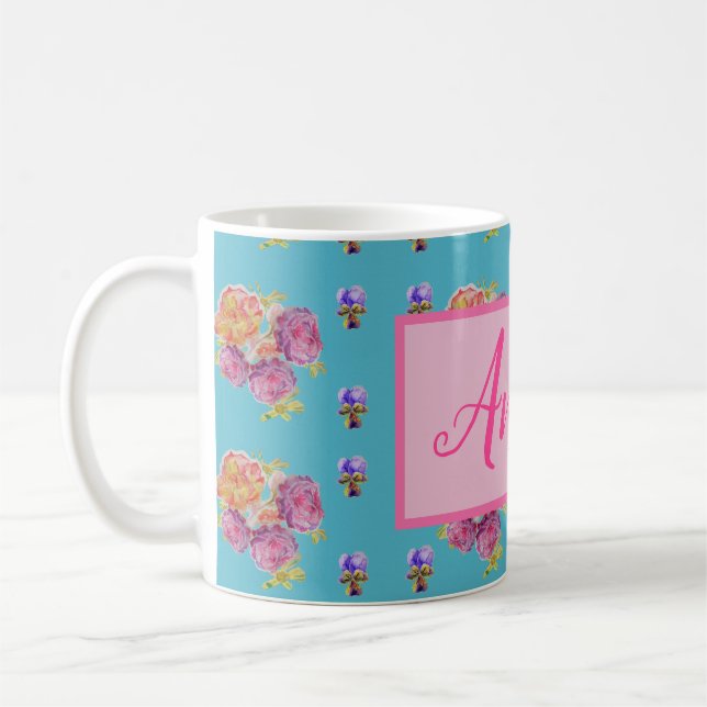 Mug Rose rouge Shabby Chic Aqua Turquoise Floral Flowe (Gauche)