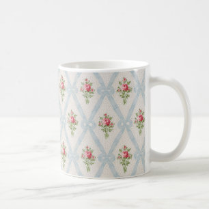 Mug Rose Victorian Roses w/Blue Ribbon Lattice