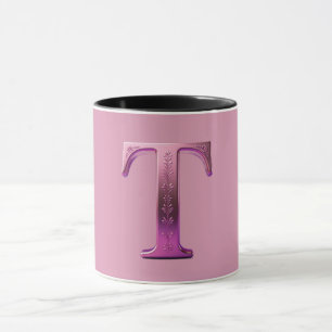 Mug Rosemaling Métallisé Moderne Lettre T, Rose/Violet