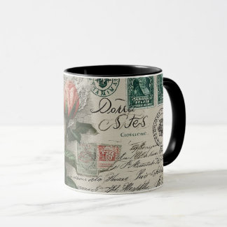 Mug roses anciennes et carte postale