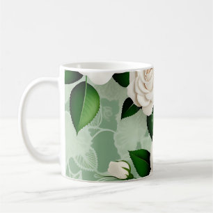 Mug Roses Blanches Élégantes Sur Vert