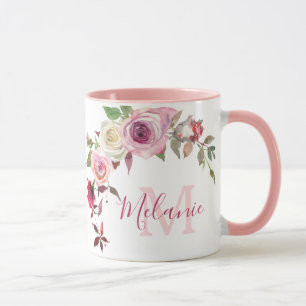 Mug Roses blanches et roses blanches Nom Monogramme Mu