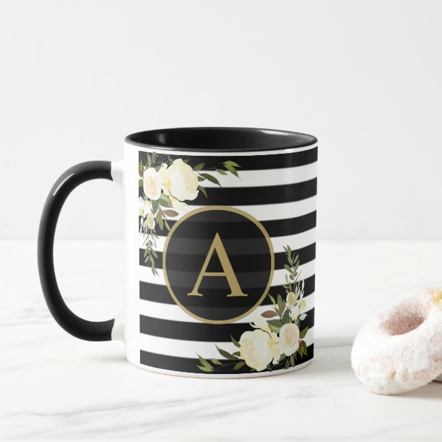 Mug ROSES BLANCHES Or Monogramme noir blanc rayé (Avec donut)