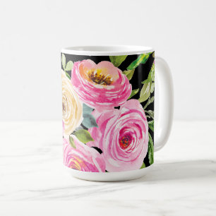 Mug Roses d'aquarelle en rose et crème sur noir