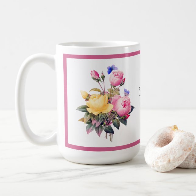 Mug Roses Jaunes Rose Florale Classique Papillon Viole (Avec donut)