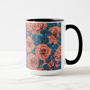 Mug Roses roses avec feuilles bleus sur bleu