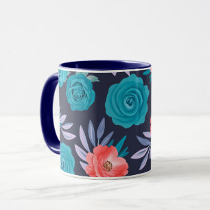Mug Roses turquoise & Fleurs de corail avec Feuilles p
