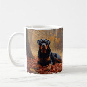 Mug Rottweiler dans les feuilles d'automne automne aut