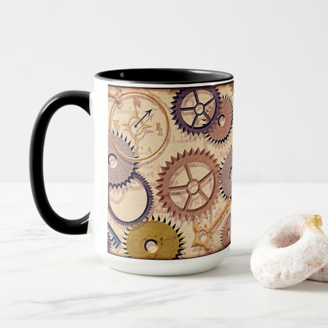 Mug Roues à vapeur, engrenages, clés, vieille carte Pe (Avec donut)