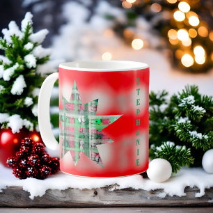 Mug Rouge blanc vert script nom tartan star festive