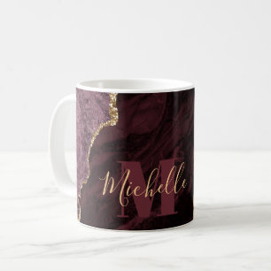 Mug Rouge Bourgogne & Or Faux Paillettes Marbre Agate