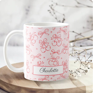 Mug Rouge Cerise Rose Nœud Coquette Nom Personnalisé