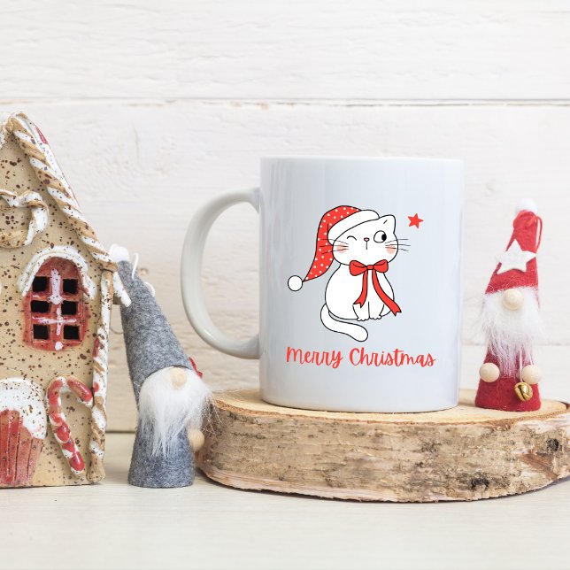 Mug Rouge et blanc Cute Chat Nom personnalisé Joyeux N (Créateur téléchargé)