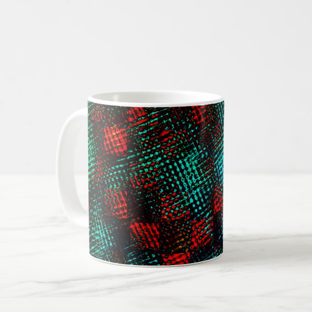 Mug Rouge et bleu verdâtre, carrés ou cubes rayés (Devant gauche)