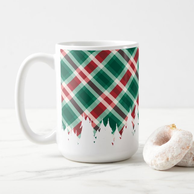 Mug Rouge et vert plaid avec arbre de Noël blanc (Avec donut)