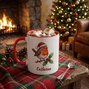 Mug Rouge-gorge de Noël personnalisé avec chapeau de P